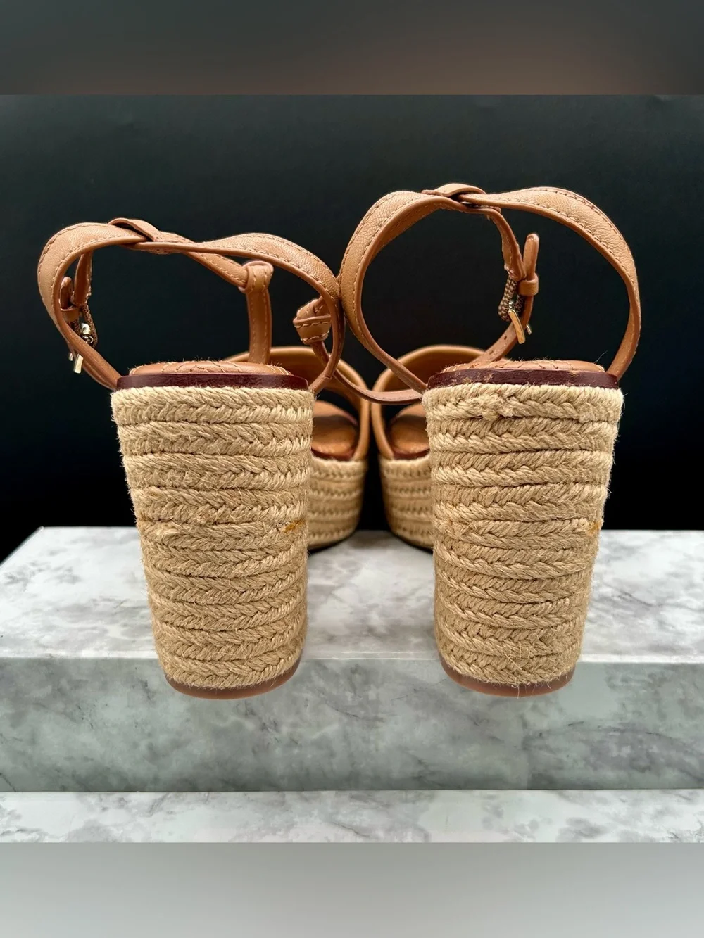 TORY BURCH Fleming Platform Espadrille Wedge Sandals Quilted Tan Leather. Size 8